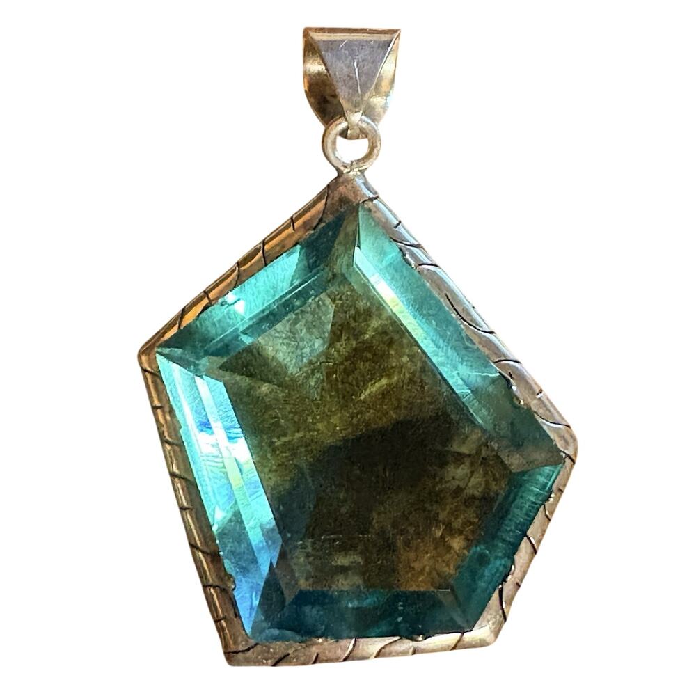 Taxco Sterling Siver & Blue Pendant Marked TS-7B Large Geometric Vintage Mexico